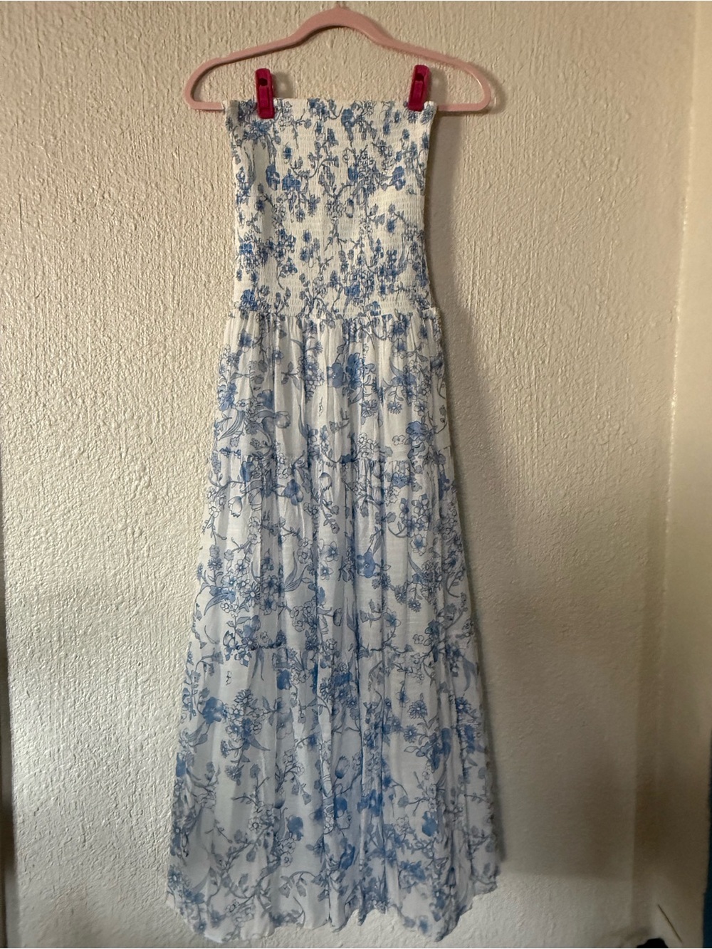 J Gee Beautiful Floral Strapless Flowy Dress Smocked Blue White S Boho